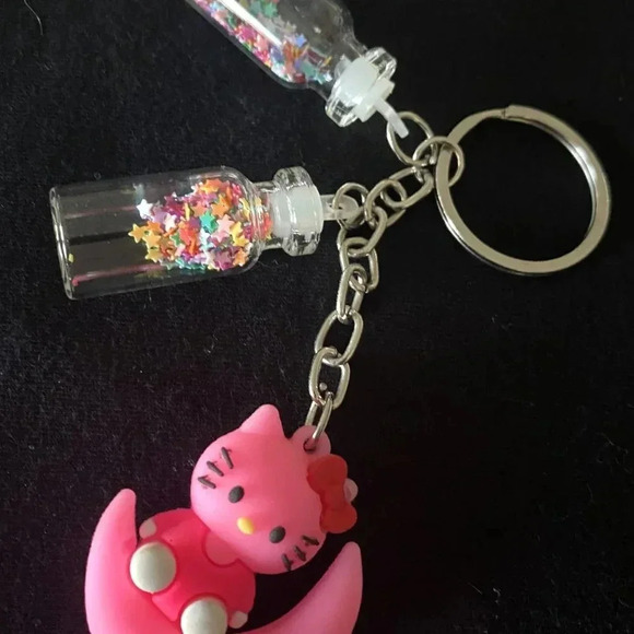 Girls Women Cute Pink Kitty KeyChain with Twin Mini Glass Color Confetti Vials - Picture 4 of 6